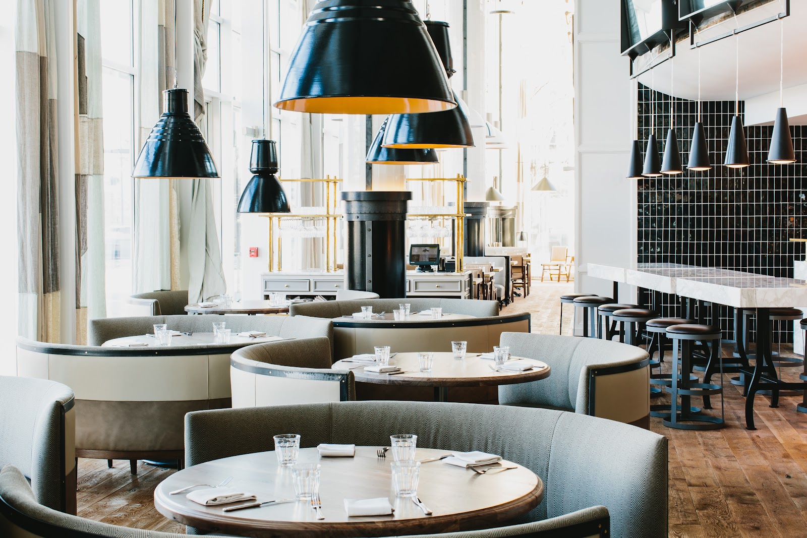 A low-lit Midtown Atlanta dining room set for a first-date dinner for two