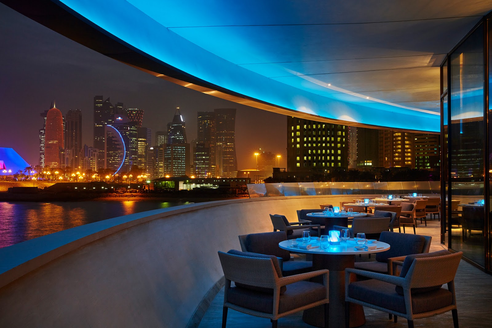 A weekend brunch table with West Bay skyline views in Doha