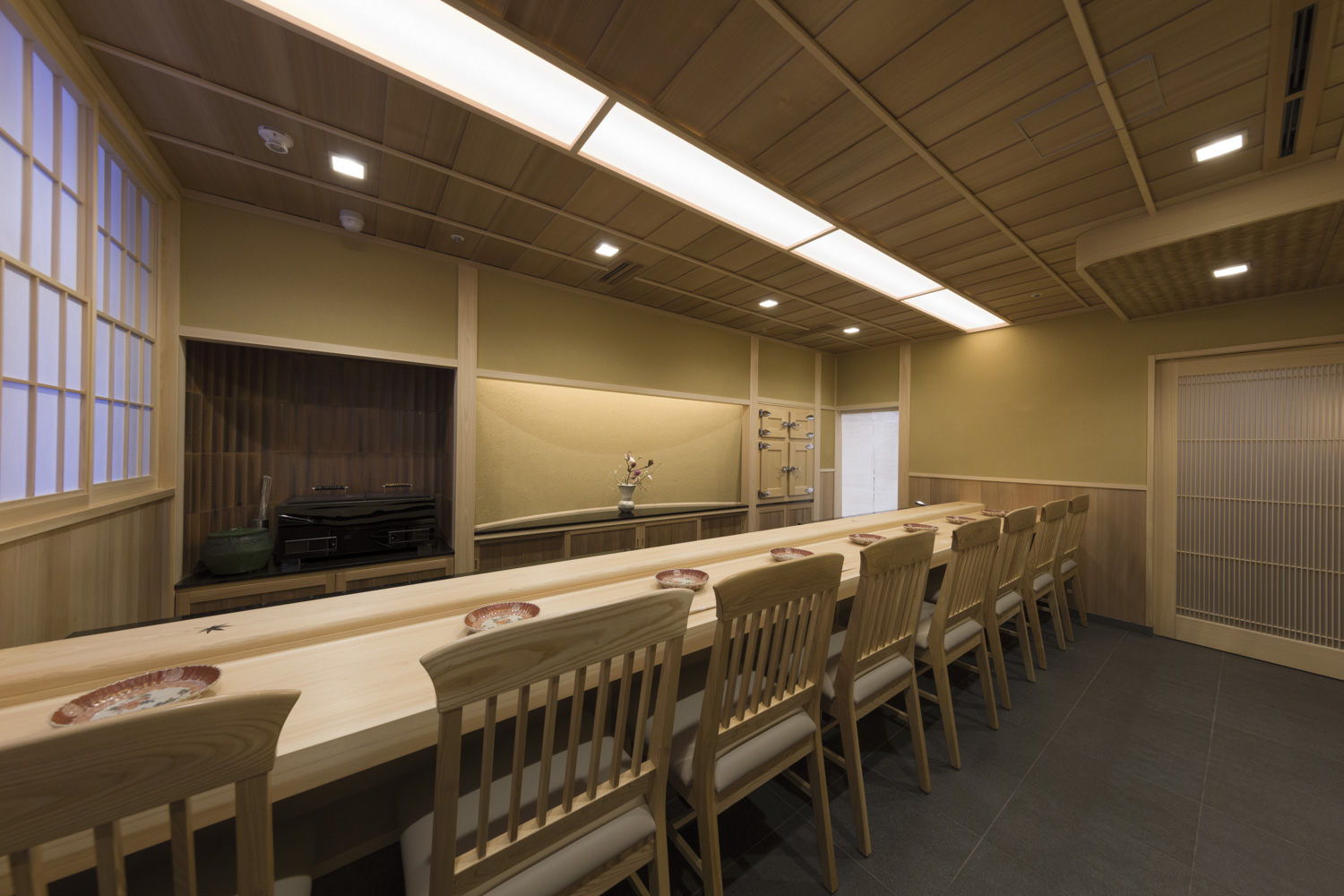 A hinoki sushi counter set for omakase in Ginza, Tokyo