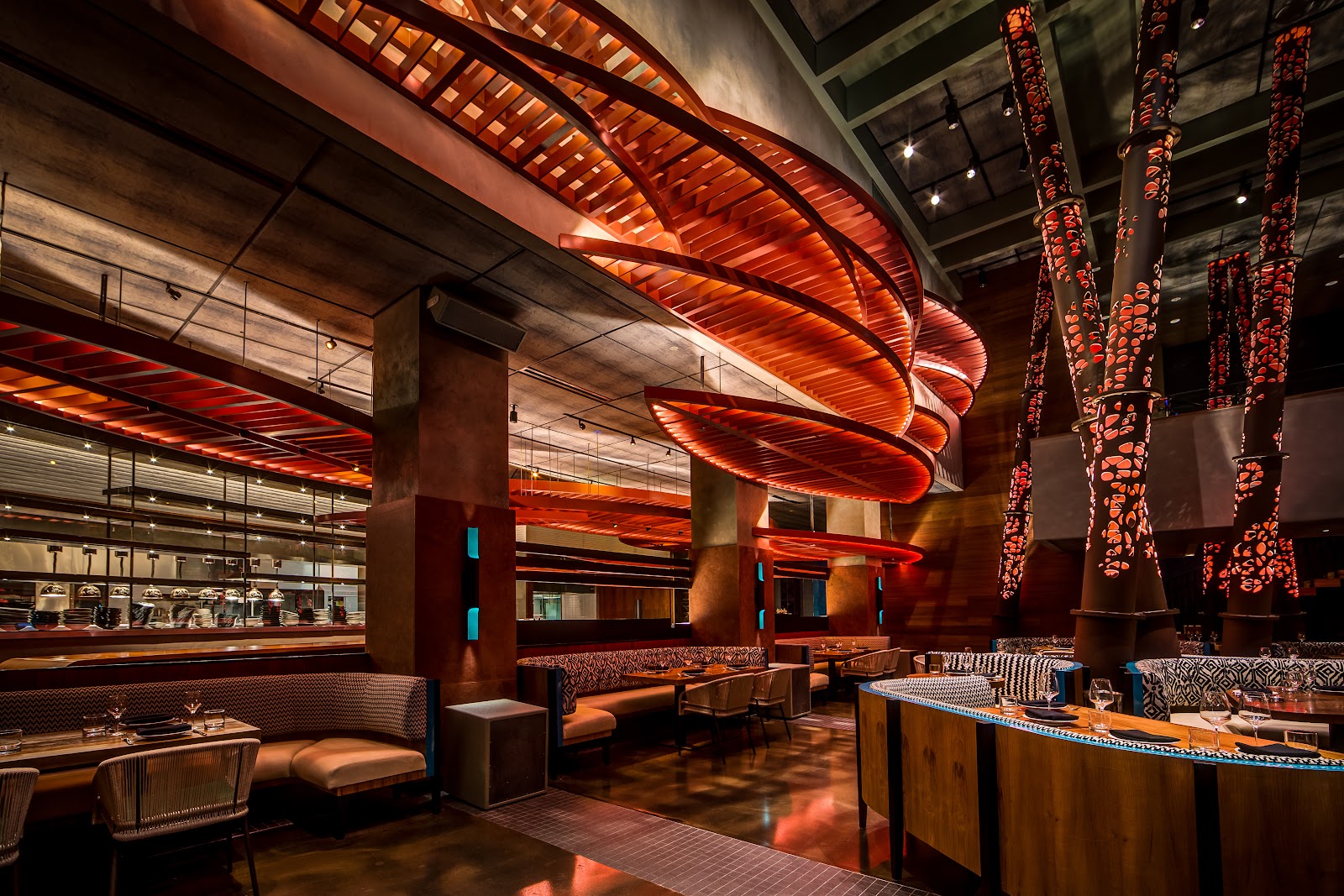 A late-night dining room lit gold in Brickell, Miami