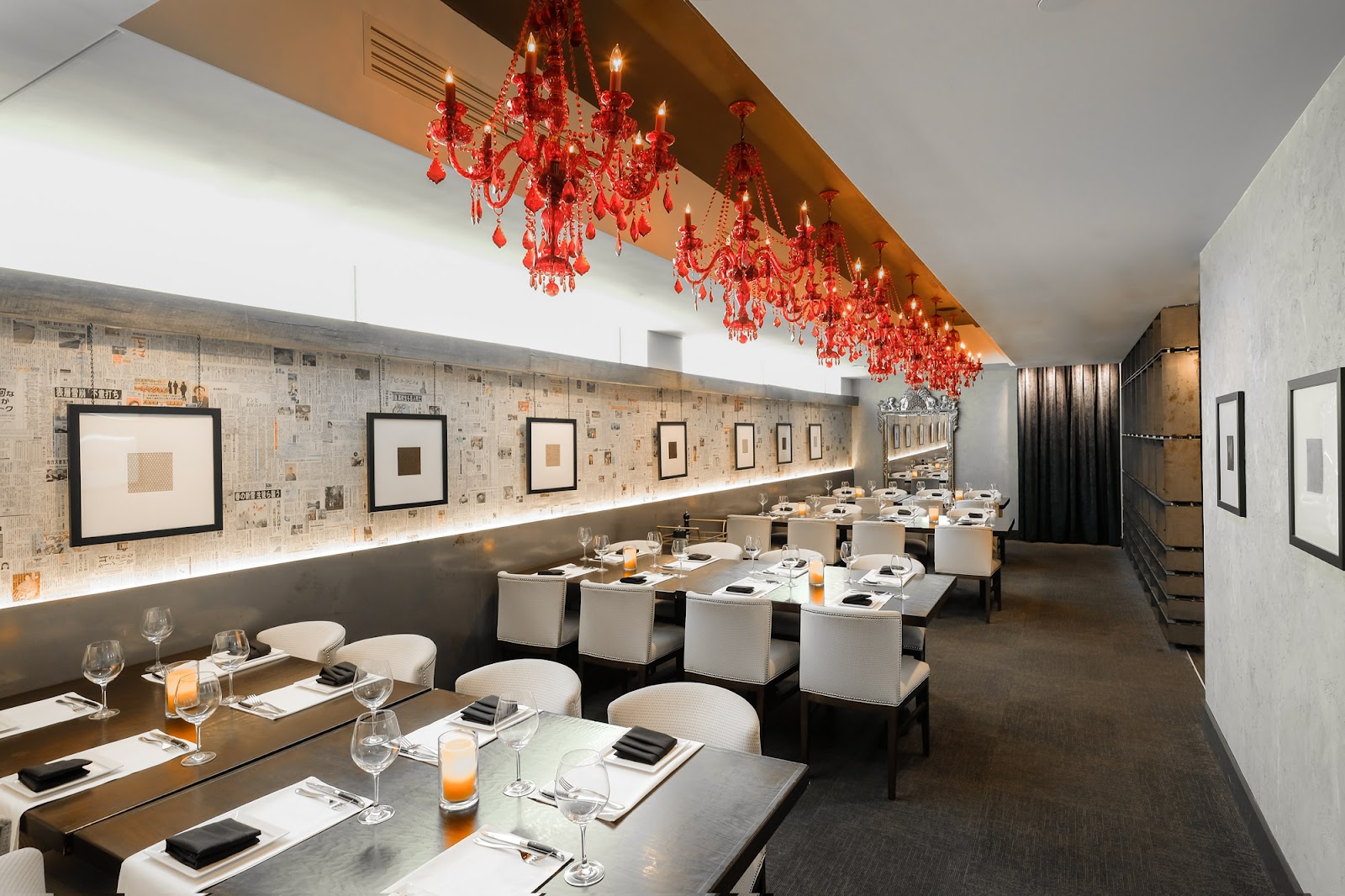 A private dining room set for a long table in a Nashville restaurant