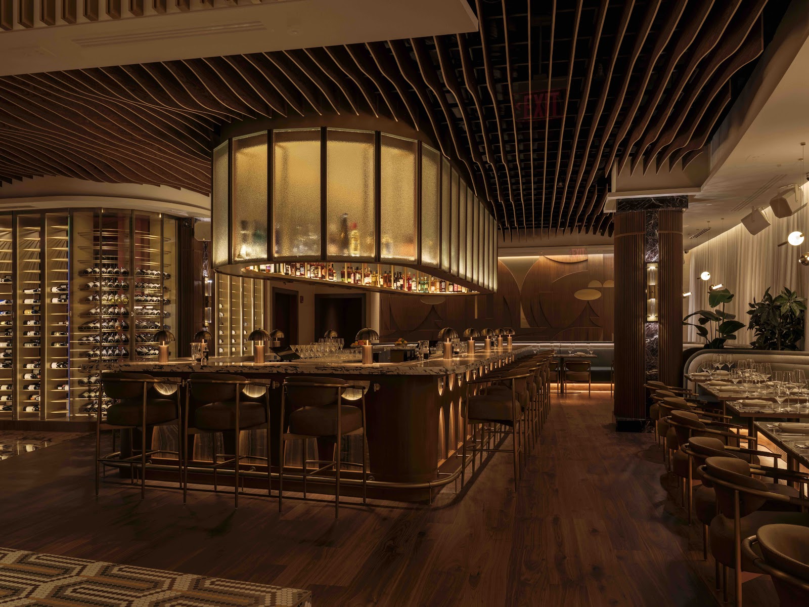 A clubby dry-aged steakhouse dining room set for a client dinner in Kansas City