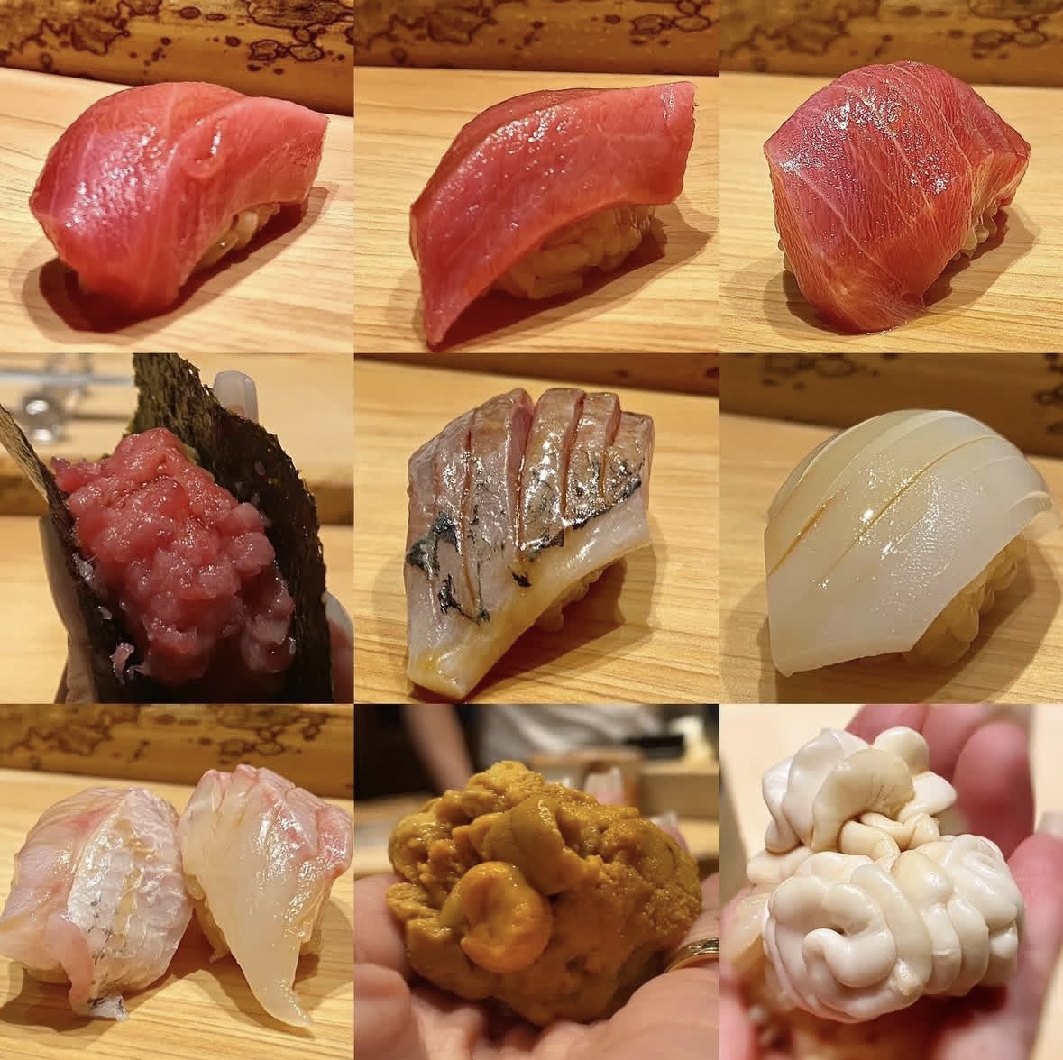 A family conveyor-belt sushi table in Tenjin, Fukuoka, with small plates and tamago