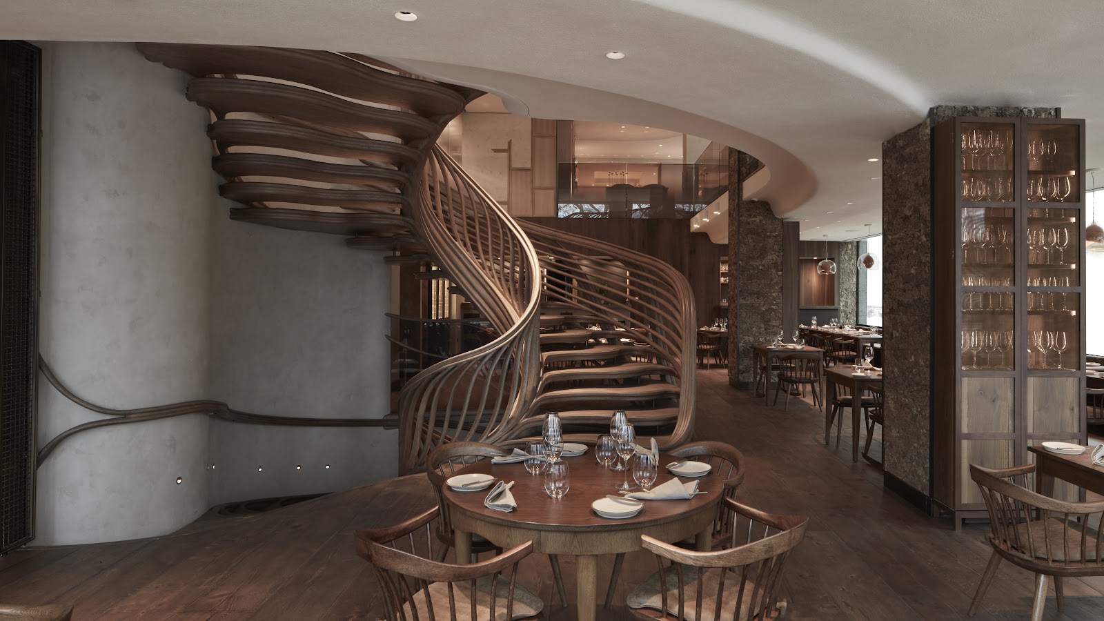 A private dining room set for a group dinner in a London restaurant